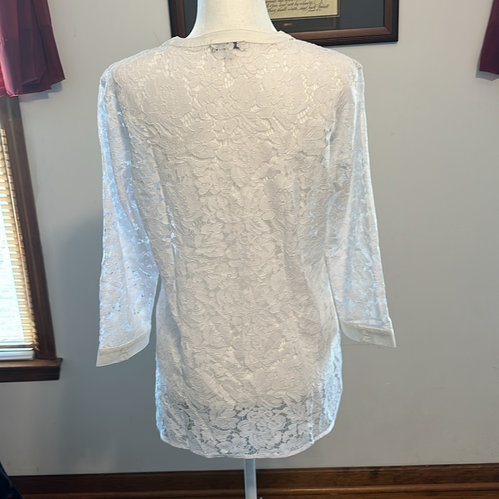 Tyler Boe White Sheer Floral Lace Popover Splitneck Tunic/BathingSuit Cover Med. - Picture 3 of 9